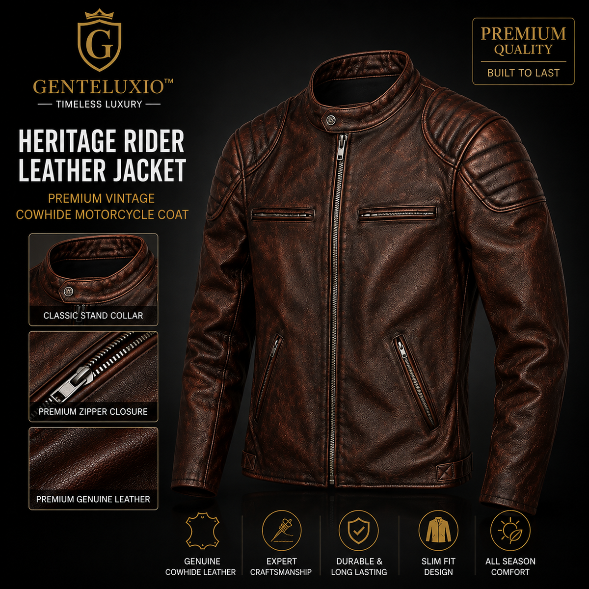 GENTELUXIO™ Heritage Rider Leather Jacket – Premium Vintage Cowhide Motorcycle Coat