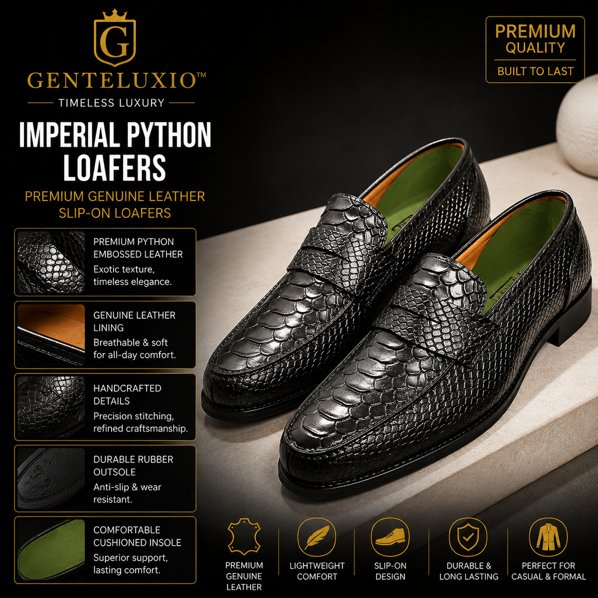 GENTELUXIO™ Monarch Python Leather Loafers – Premium Luxury Slip-On Dress Shoes