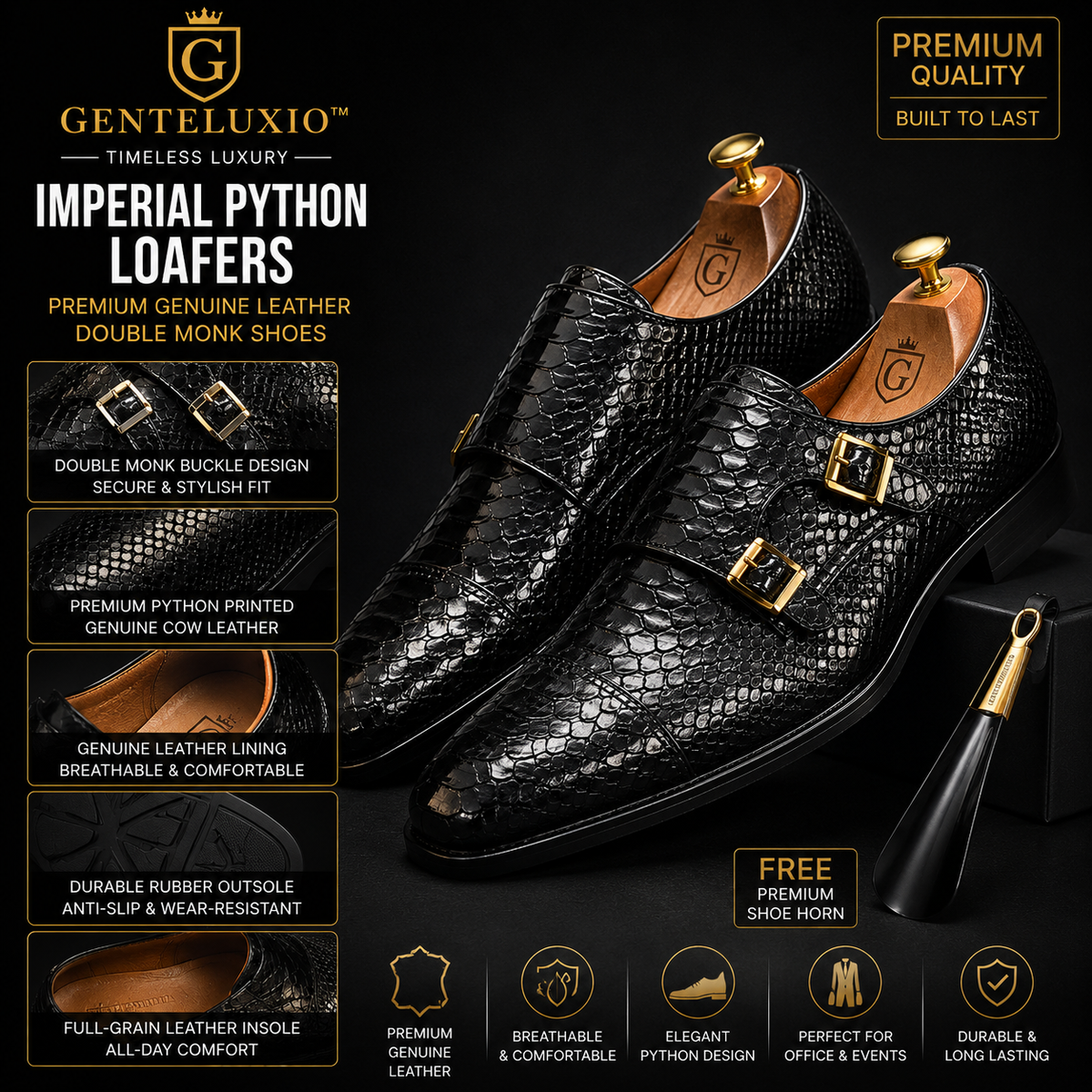 GENTELUXIO™ Imperial Python Loafers – Premium Genuine Leather Double Monk Shoes