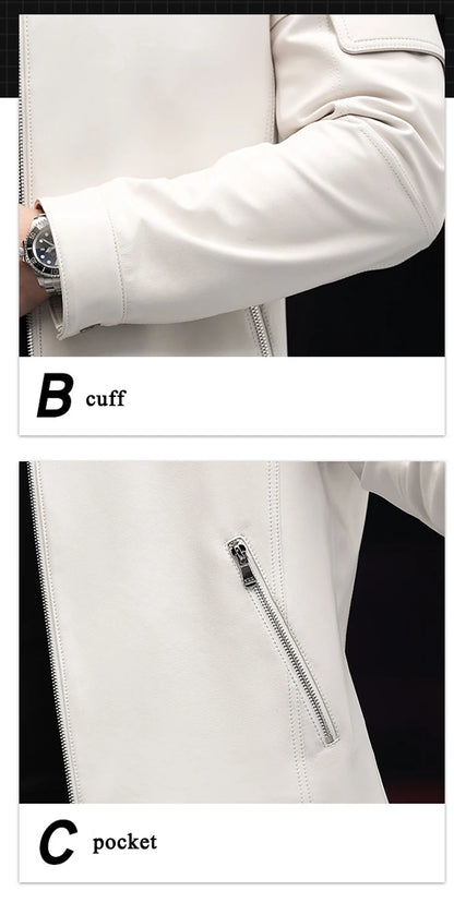GENTELUXIO™ Alpine Prestige Leather Jacket – Premium White Stand Collar Motorcycle Coat