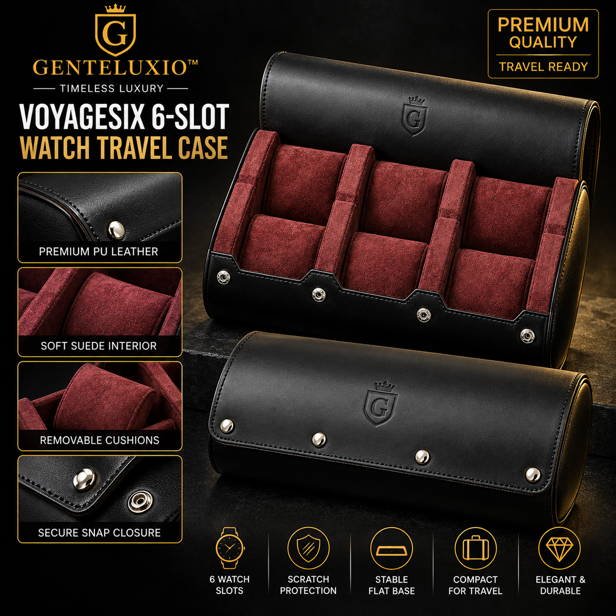 GENTELUXIO™ VoyageSix 6-Slot Watch Travel Case